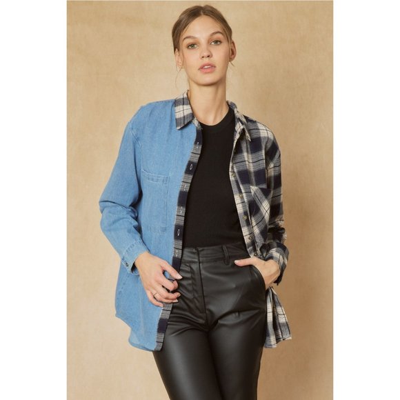 Entro Denim & Plaid Long Sleeve Top - Picture 3 of 9